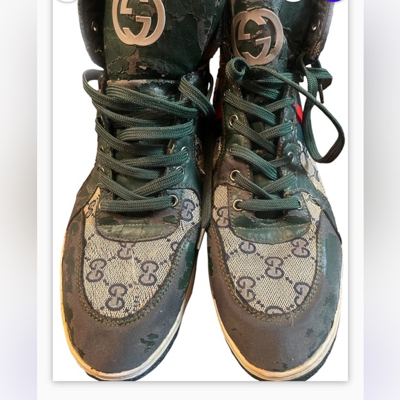 GUCCI MONOGRAM HI COATED CANVAS SNEAKERS PRINTED GG Sz 9 Men FLAWS DIY DIY - Picture 1 of 12
